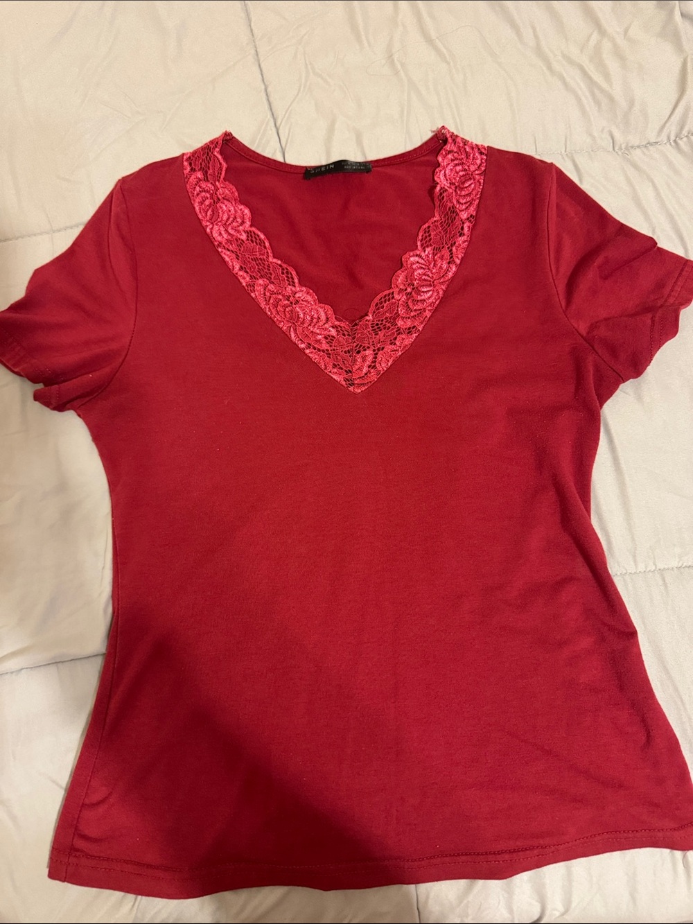 SHEIN burgundy V-Neck Short Sleeve Top with Lace Trim